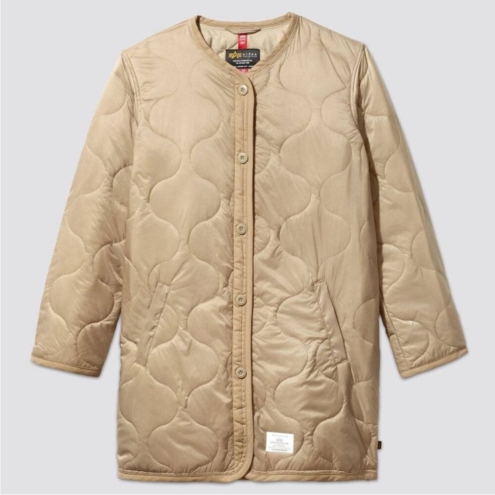 Alpha Industries Long Quilted‎ Liner Jacket in Beige Khaki Tan Camel Size Large